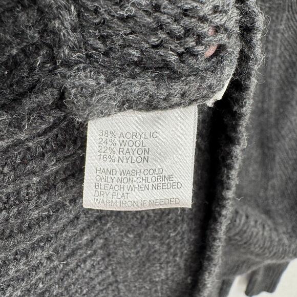 LOFT Charcoal Gray Wool Blend Open Knit Cowl Neck Asymmetrical Hem Sweater - Picture 11 of 11